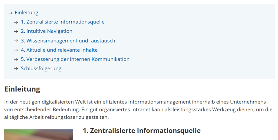 Beispiel einer automatischen Inhaltsübersicht mit Sprungmarken zu Abschnitten Automatisch generiertes Inhaltsverzeichnis mit Links zu den Artikelabschnitten