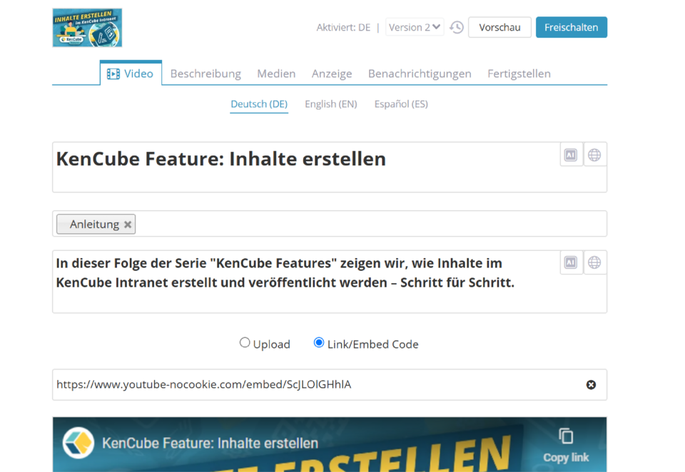 Formular zur Eingabe von Titel, Teaser und Video-Link oder Hochladen eines Videos mit aktivem Tab „Video“ sowie Eingabefeldern für Titel und Beschreibungstext.