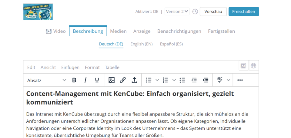 Tab „Beschreibung“ mit geöffnetem Texteditor zur Eingabe eines ergänzenden Beschreibungstextes zur Videoseite, inklusive Formatierungsleiste und Sprachwahl.