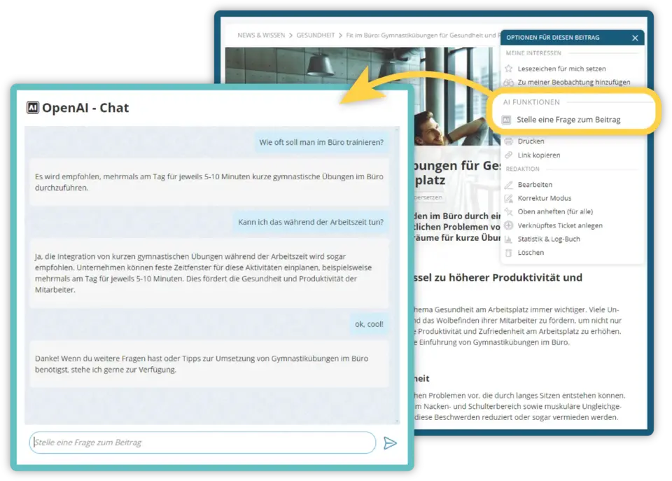 KI-Chatbot beantwortet Fragen zu Beiträgen und Dokumenteninhalten